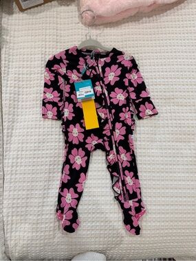 Posh Peanut Black Footed One-Piece with Pink Floral Print